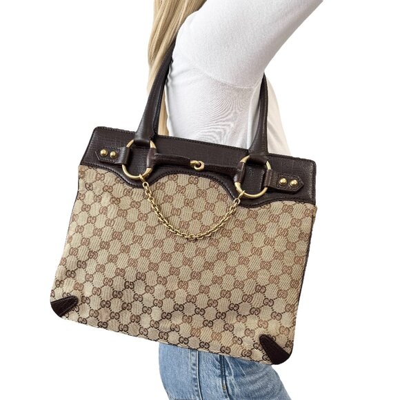 GUCCI Vintage Monogram Horsebit Chain Shoulder Bag Beige Brown Canvas [105425] - Picture 1 of 13